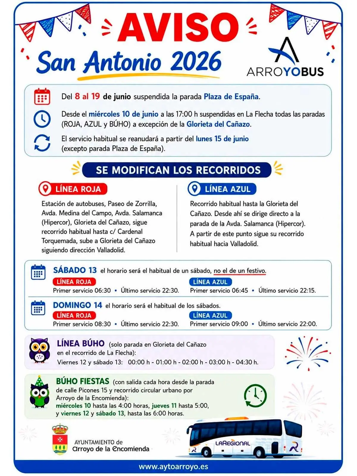 Horarios de autobús del servicio Arroyobus durante las fiestas de San Antonio en Arroyo de la Encomienda para llegar al RÍO Shopping