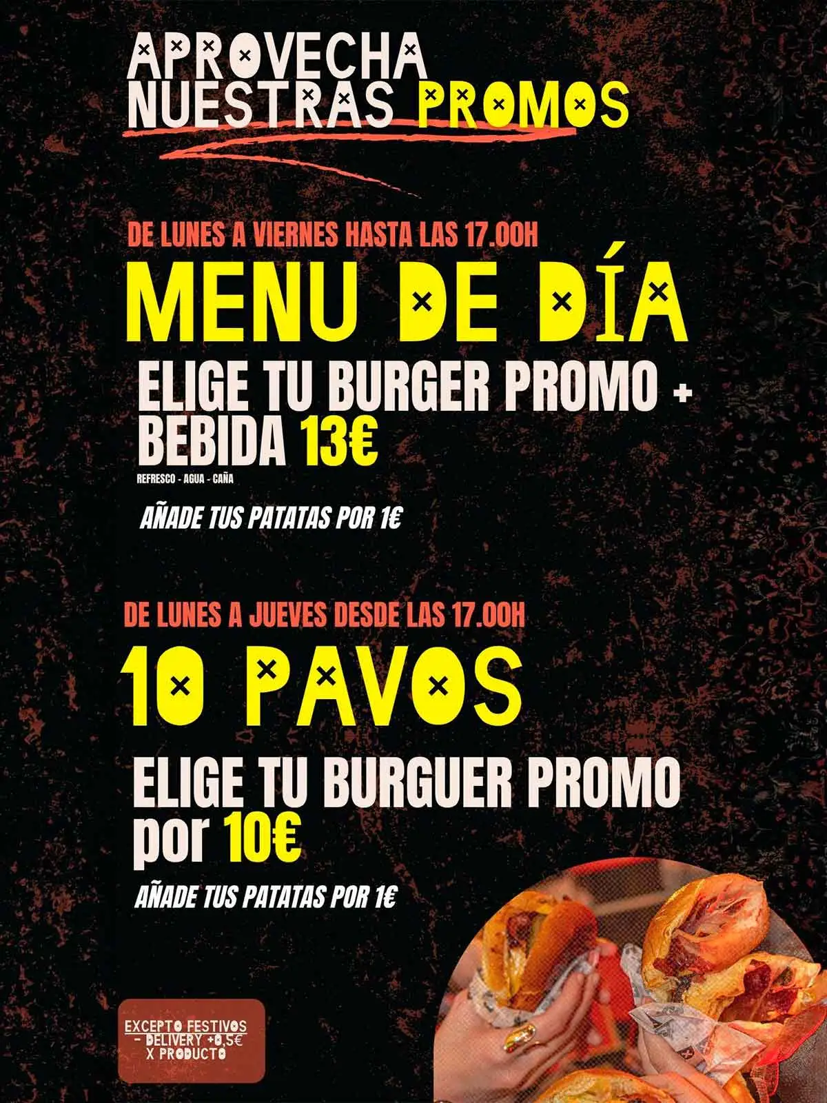 Cartel promocional de BOCA AGUA en RÍO Shopping con ofertas de hamburguesas y bebida por 13€ de lunes a viernes y hamburguesas por 10€ de lunes a jueves, a partir de las 17:00 h. Patatas por 1€ adicional.