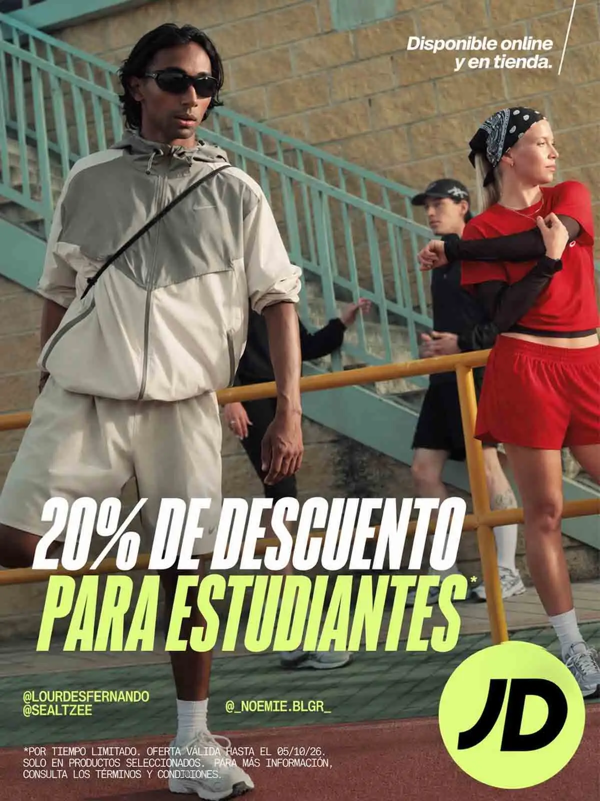 Del 21 de septiembre al 5 de octubre, disfruta de un 20% de descuento en JD Sports por ser estudiante. Consulta condiciones en tienda.