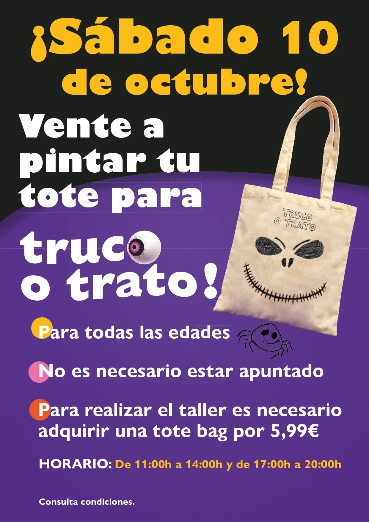 Cartel del taller Experience Day “Truco o trato”. Actividad de pintura de tote bags