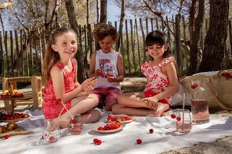 Crianças a vestir roupa infantil Sergent Major durante um piquenique ao ar livre, sentadas na relva e a partilhar fruta de forma alegre