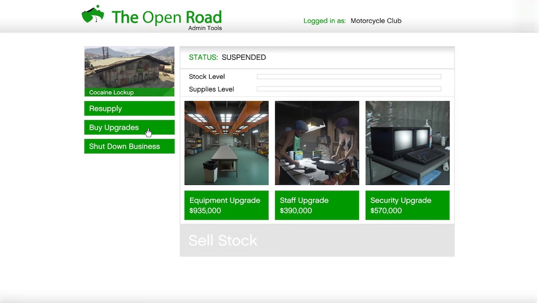 These are the three upgrade options in the Cocaine Lockup Motorcycle Club business in Grand Theft Auto V Online.