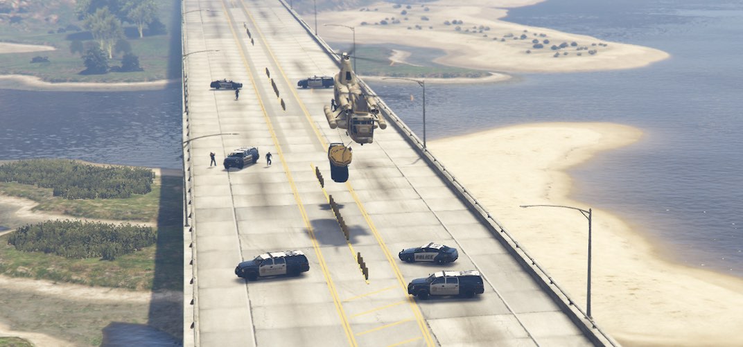 At the end of the Fleeca Job finale in Grand Theft Auto V Online you'll be hoisted off the road by a helicopter with a giant magnet.