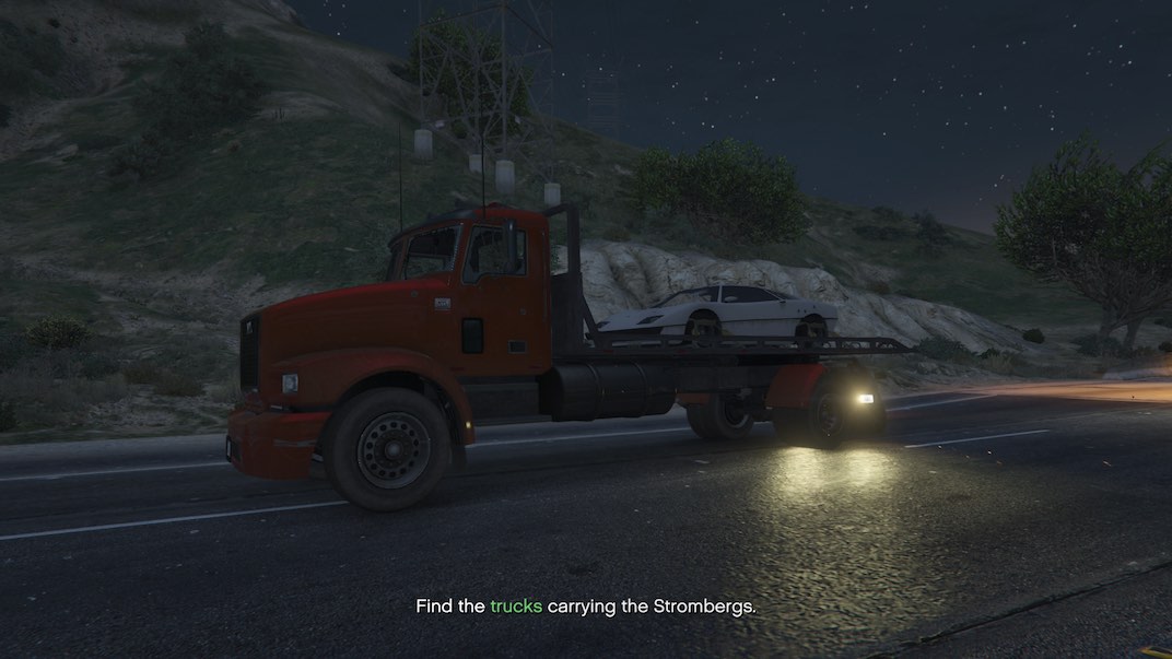 In this Grand Theft Auto V Online Doomsday Heist Act II Prep Mission You need to steal several Strombergs.