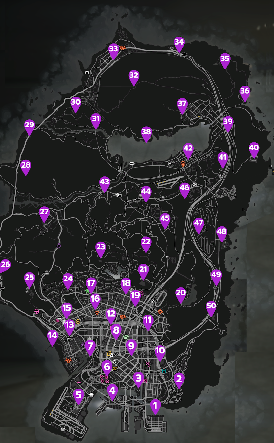 This map shows all 50 locations of the Signal Jammers in Grand Theft Auto V Online, which you need in order to get the best hacker for the Diamond Casino Heist