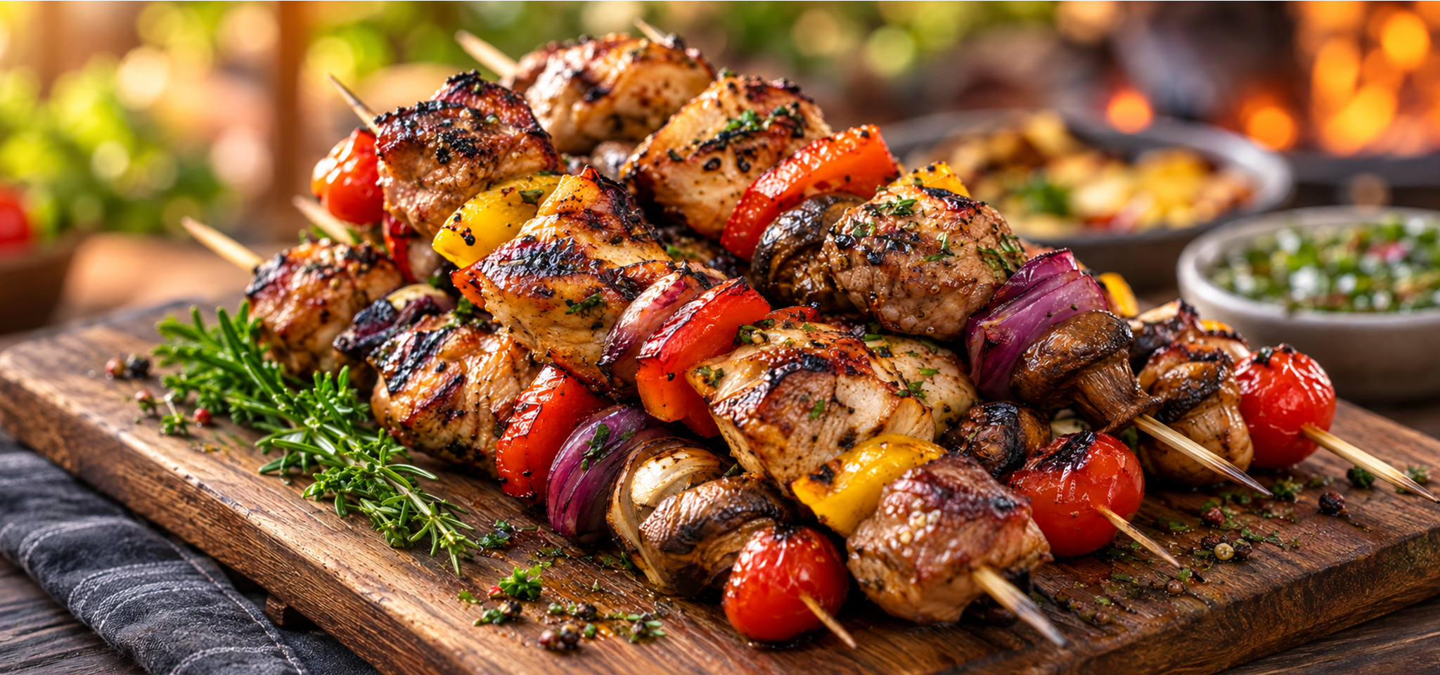Grilled meat and vegetable skewers with herbs, mushrooms, tomatoes, peppers, and onions are stacked on a wooden serving board with blurred sides and condiments in the background.