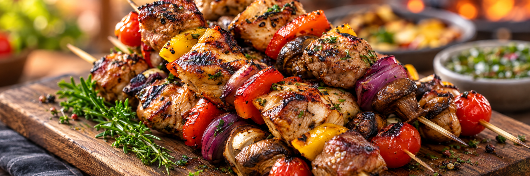 Grilled meat and vegetable skewers with herbs, mushrooms, tomatoes, peppers, and onions are stacked on a wooden serving board with blurred sides and condiments in the background.