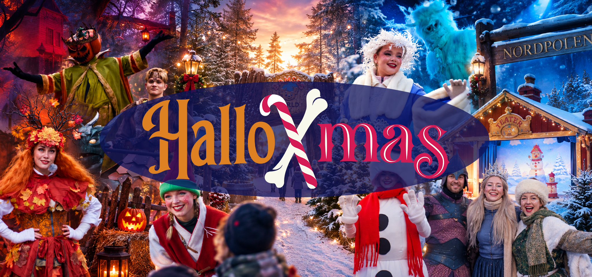 Människor i halloween- och julkostymer firar utomhus; i mitten står en stor skylt med texten ”HalloXmas”, med en festlig, snöig bakgrund och ordet ”Nordpolen” synligt.