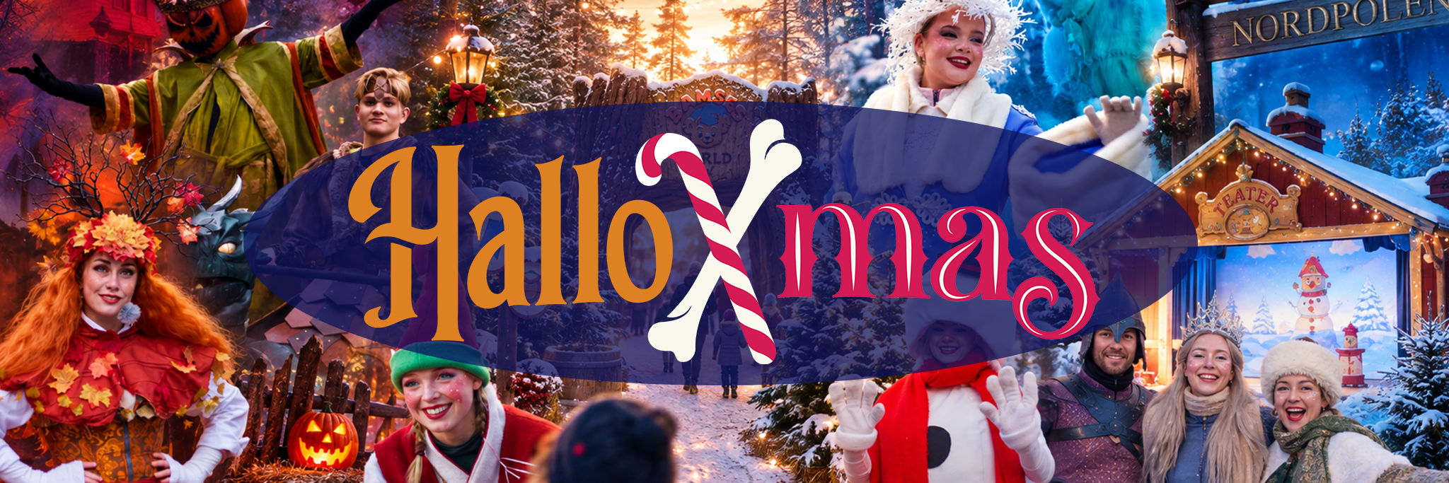 Människor i halloween- och julkostymer firar utomhus; i mitten står en stor skylt med texten ”HalloXmas”, med en festlig, snöig bakgrund och ordet ”Nordpolen” synligt.