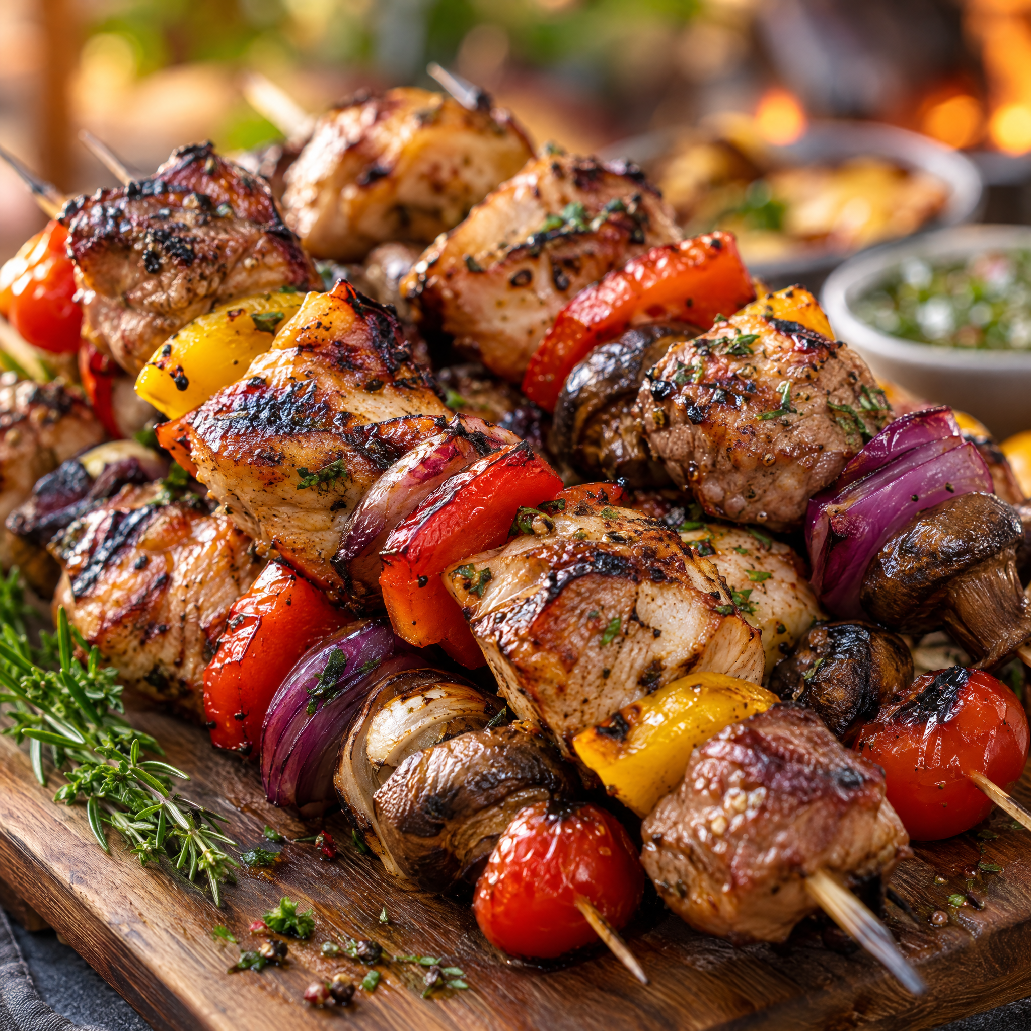 Grilled meat and vegetable skewers with bell peppers, onions, mushrooms, and cherry tomatoes on a wooden board, garnished with fresh herbs.