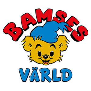 Logotypen föreställer en gul tecknad björn med blå hatt, leende, med orden "Bamses Värld" i röda och blå bokstäver ovanför och nedanför.