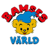 Logotypen föreställer en gul tecknad björn med blå hatt, leende, med orden "Bamses Värld" i röda och blå bokstäver ovanför och nedanför.