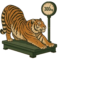 En tiger sträcker sig på en plattformsvåg som visar en vikt på 300 kg.