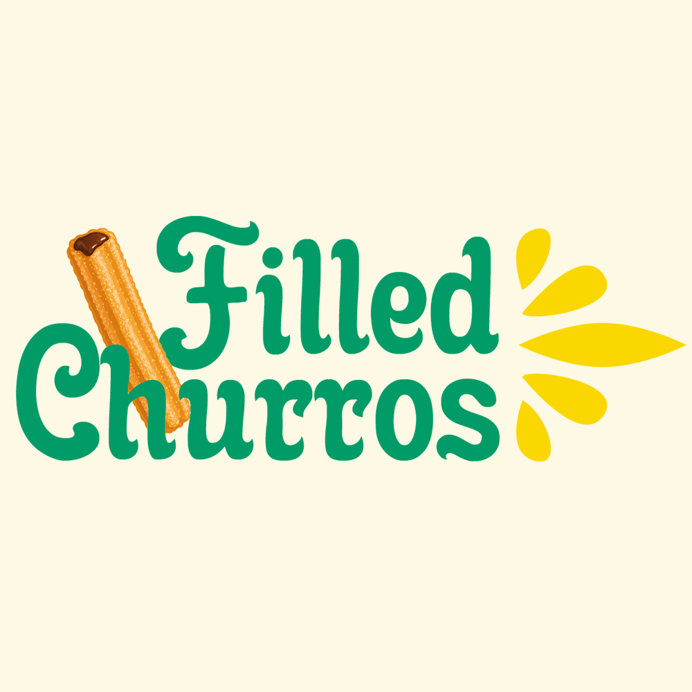 Green text reading “Filled Churros” with a churro illustration used as the letter “F” and yellow decorative shapes resembling filling on the right.