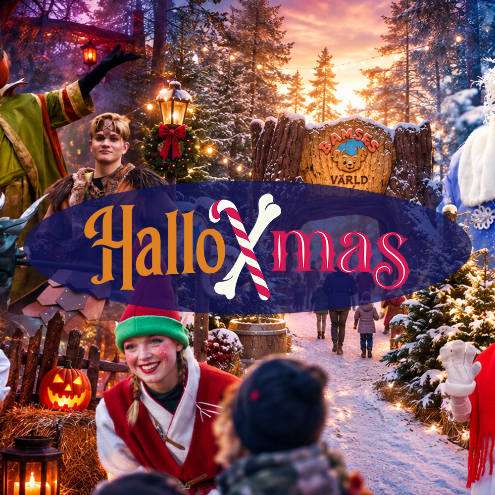 En festlig scen med människor i halloween- och julkostymer, snötäckta träd, pumpor, en polkagris och en skylt med texten ”Bamses Värld”. Texten ”HalloXmas” står i mitten.