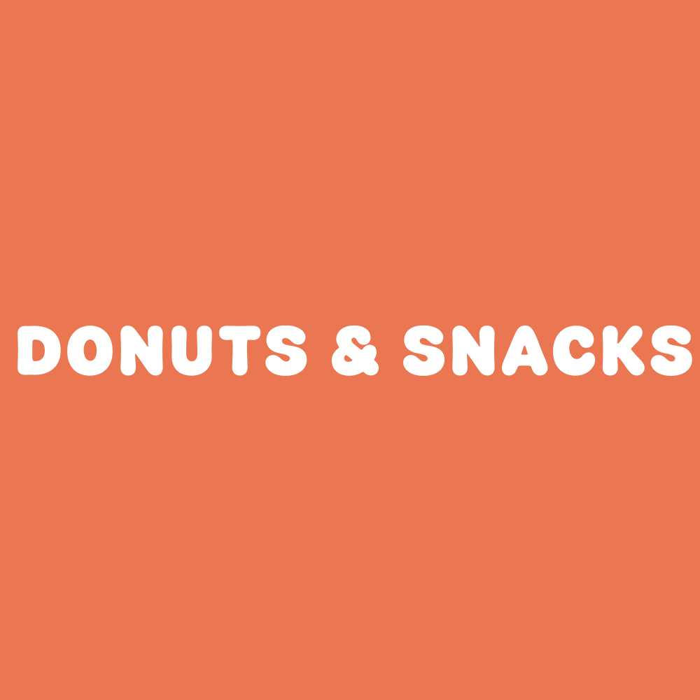 Bilden visar orden "DONUTS & SNACKS" i fet vit text på en orange bakgrund.