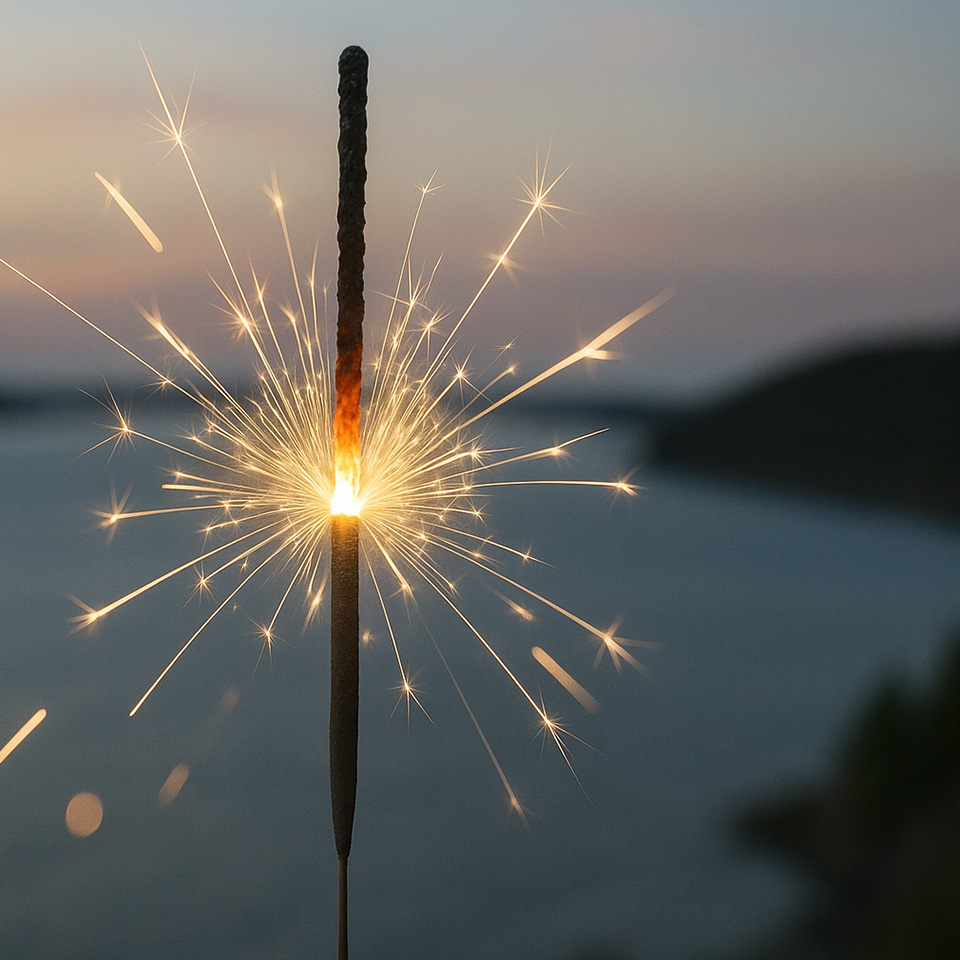 Colorful fireworks light up the sky above a modern wooden building with large windows and a balcony, surrounded by trees and a nearby road.