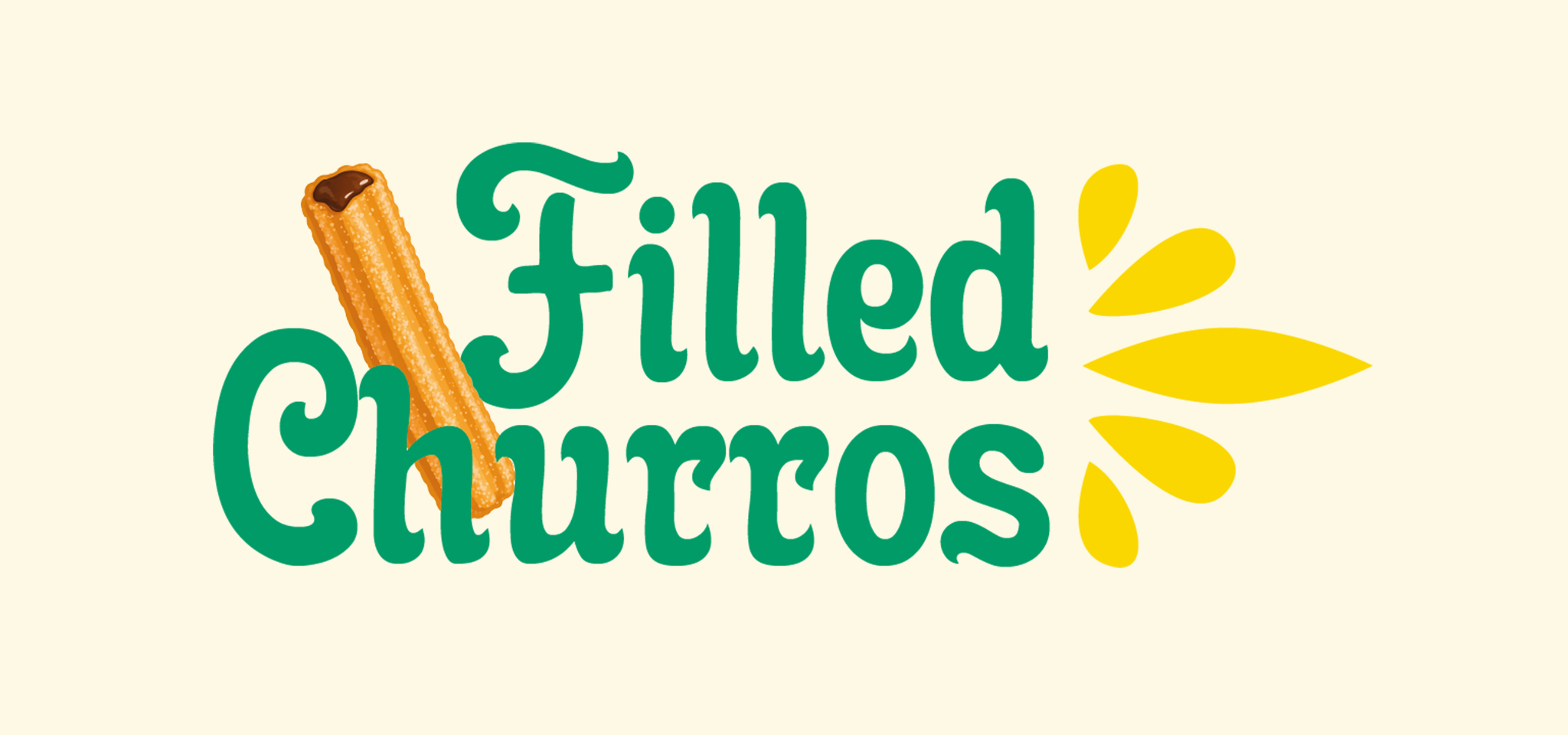 The words “Filled Churros” in green text with a churro image replacing the letter “i” and yellow decorative shapes on the right.
