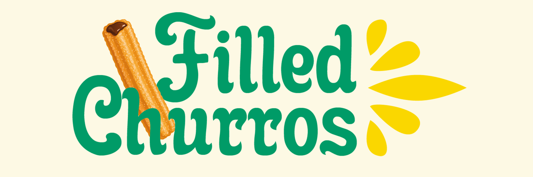 The words “Filled Churros” in green text with a churro image replacing the letter “i” and yellow decorative shapes on the right.