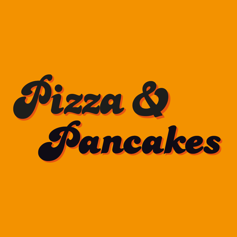 The words “Pizza & Pancakes” in black cursive text with a shadow effect on an orange background.