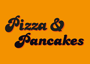 The words “Pizza & Pancakes” in black cursive text with a shadow effect on an orange background.