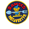 En tecknad björn som håller en stor sked och gaffel, med texten "Bamses Magiska Matäventyr" på en rund blå och gul bakgrund.