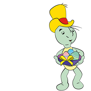 Tecknad sköldpadda med gul hatt som håller i en korg med dekorerade påskägg som är knutna med ett gult band.