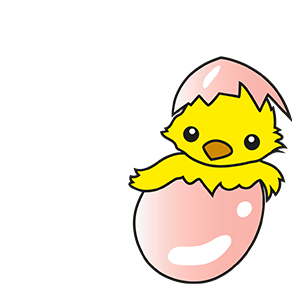 En tecknad gul kyckling kläcks ur ett rosa ägg med vit bakgrund.