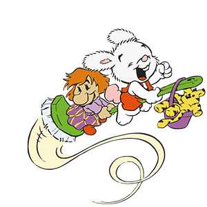 En vit tecknad kanin, ett barn i pyjamas och ett gult gosedjur åker på överdimensionerade tandborstar och ser ut att flyga genom luften.