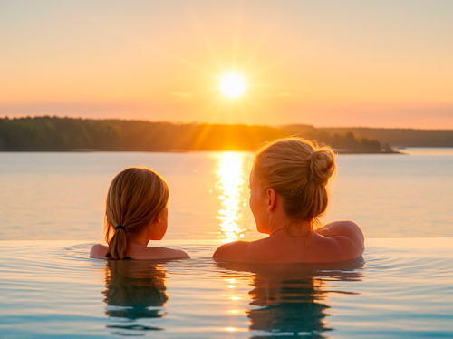 Två personer med blont hår ligger i en utomhuspool, vetter mot en lugn sjö och tittar på solnedgången. Träd och solen syns i horisonten.