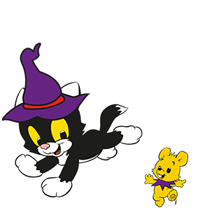 En tecknad svart katt med en lila häxhatt springer lekfullt bredvid en leende gul björn med lila halsduk.