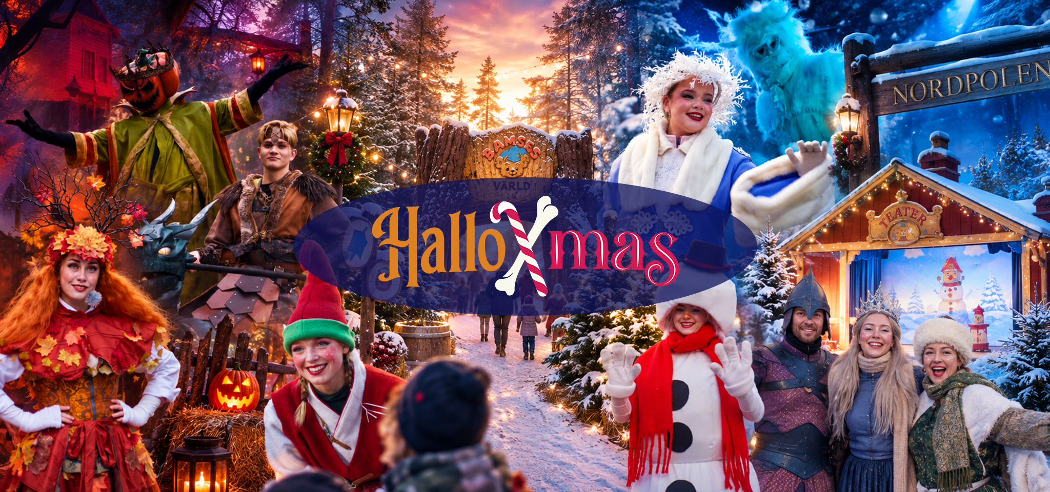 People in Halloween and Christmas costumes stand in a festive outdoor setting with snowy trees, holiday lights, and a “HalloXmas” sign.