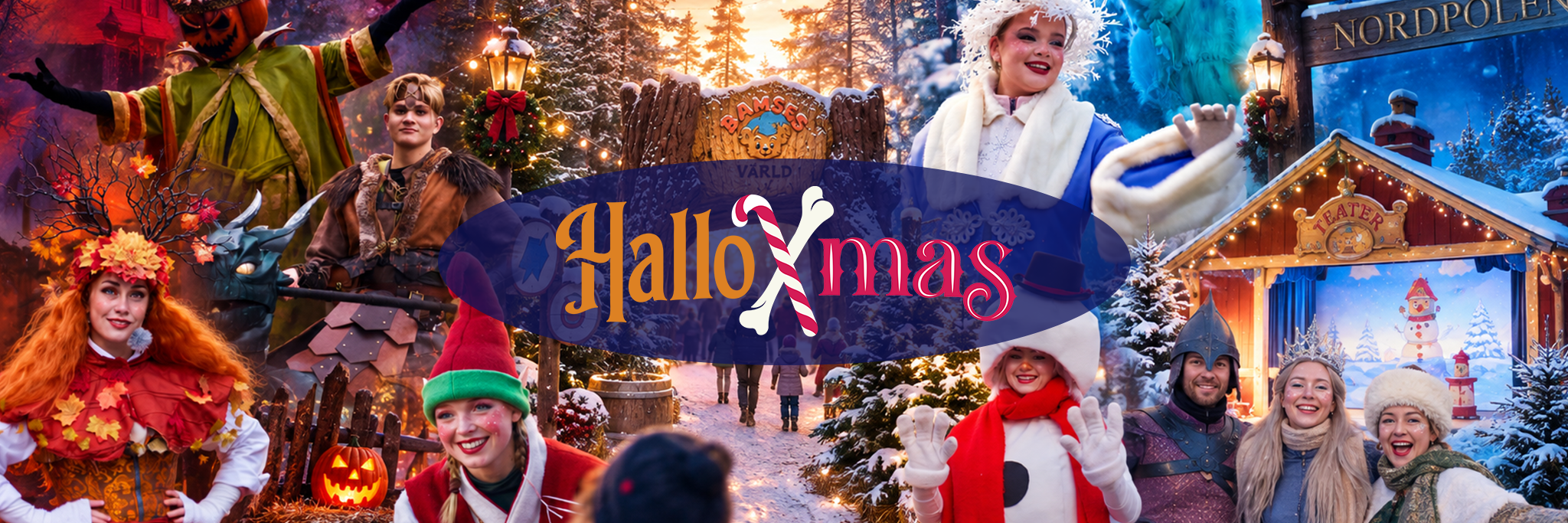People in Halloween and Christmas costumes stand in a festive outdoor setting with snowy trees, holiday lights, and a “HalloXmas” sign.