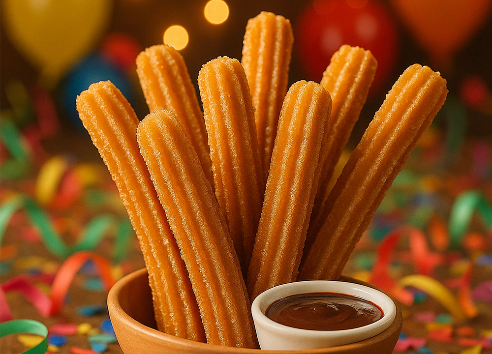 En skål med churros och en liten behållare med chokladsås, mot en festlig bakgrund med ballonger och serpentiner.