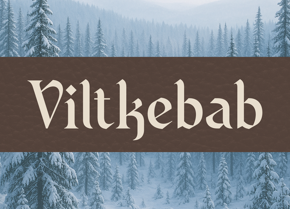 Texten "Viltkebab" i stort serifteckensnitt över en brun banderoll, med en snöig tallskog i bakgrunden.
