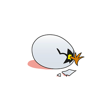 Ett tecknat ägg med en spricka och ett gult fågelben som sticker ut, liggande på sidan med en liten bit äggskal på marken.