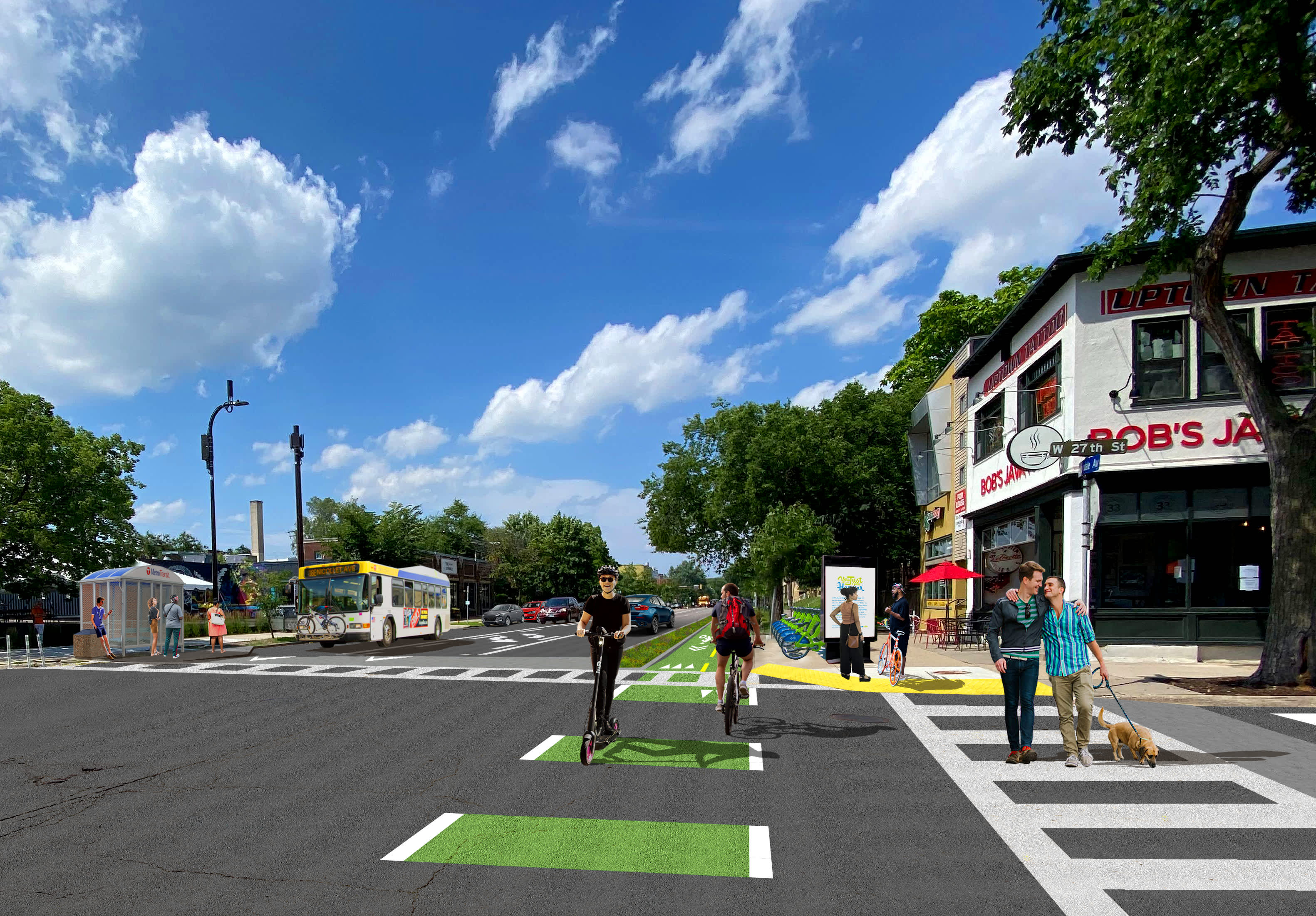 Proposed Resilient Street renderings in Columbus, Washington D.C., Minneapolis, Queens, Chicago, and Somerville. Developed by Street Plans.