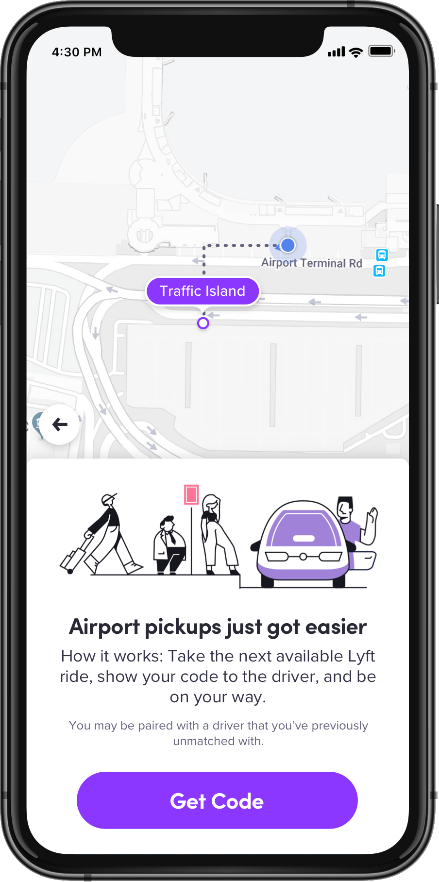 A product screenshot showing a map with a purple button to get a Fast Match pickup code.