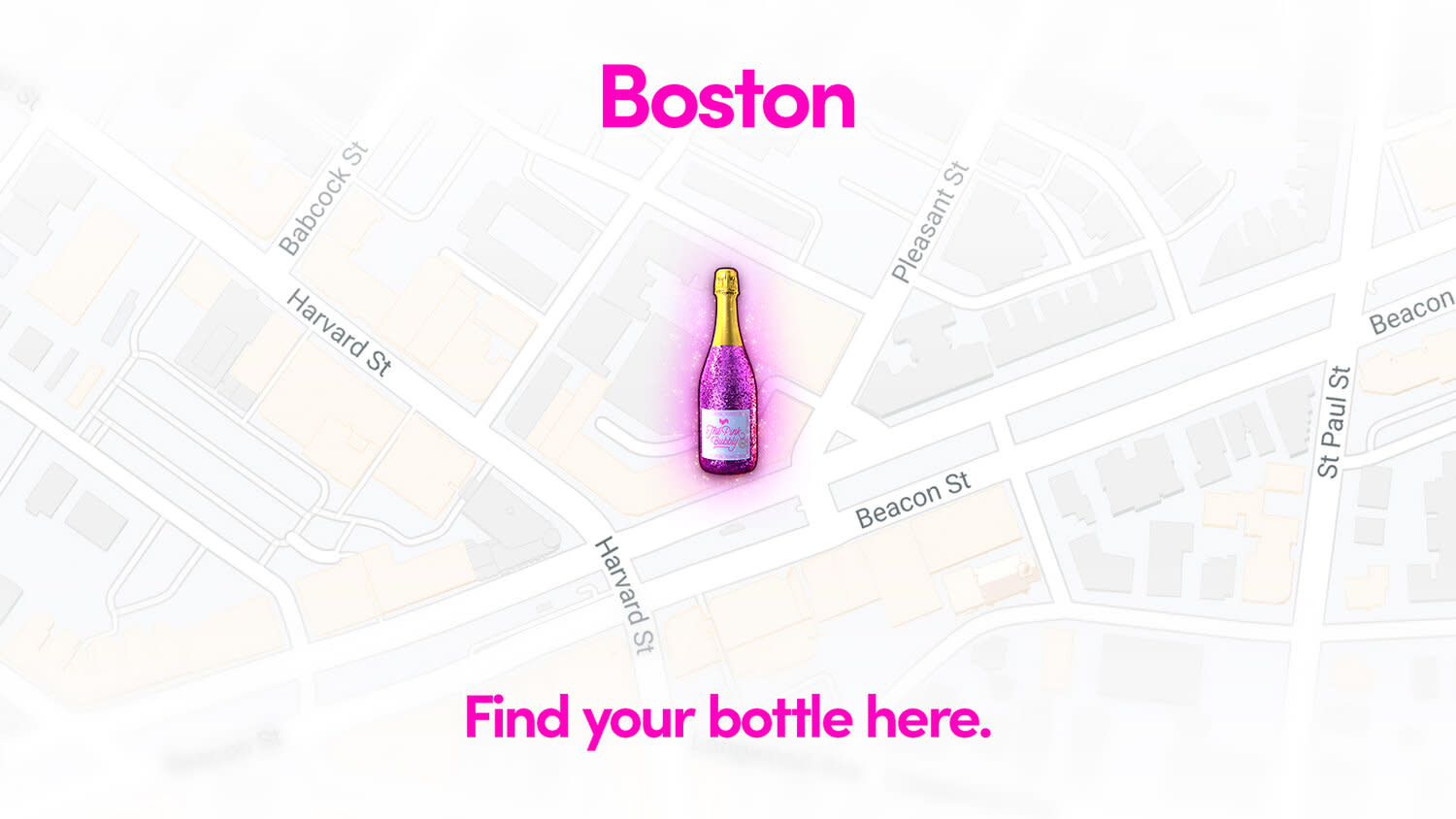 A map of Boston with the location of Lyft's "The Pink Bubbly" Champagne giveaway. 