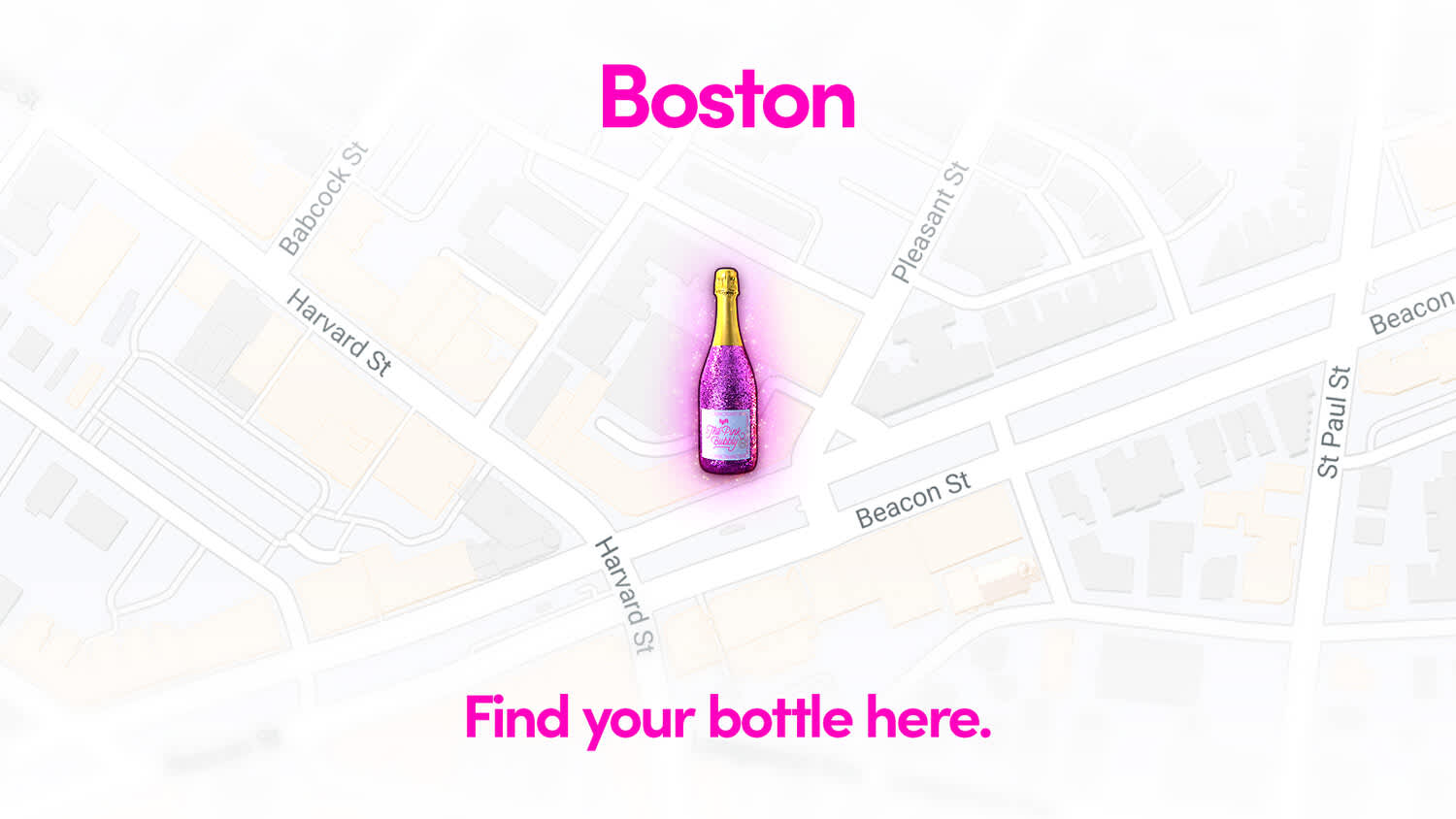 A map of Boston with the location of Lyft's "The Pink Bubbly" Champagne giveaway. 