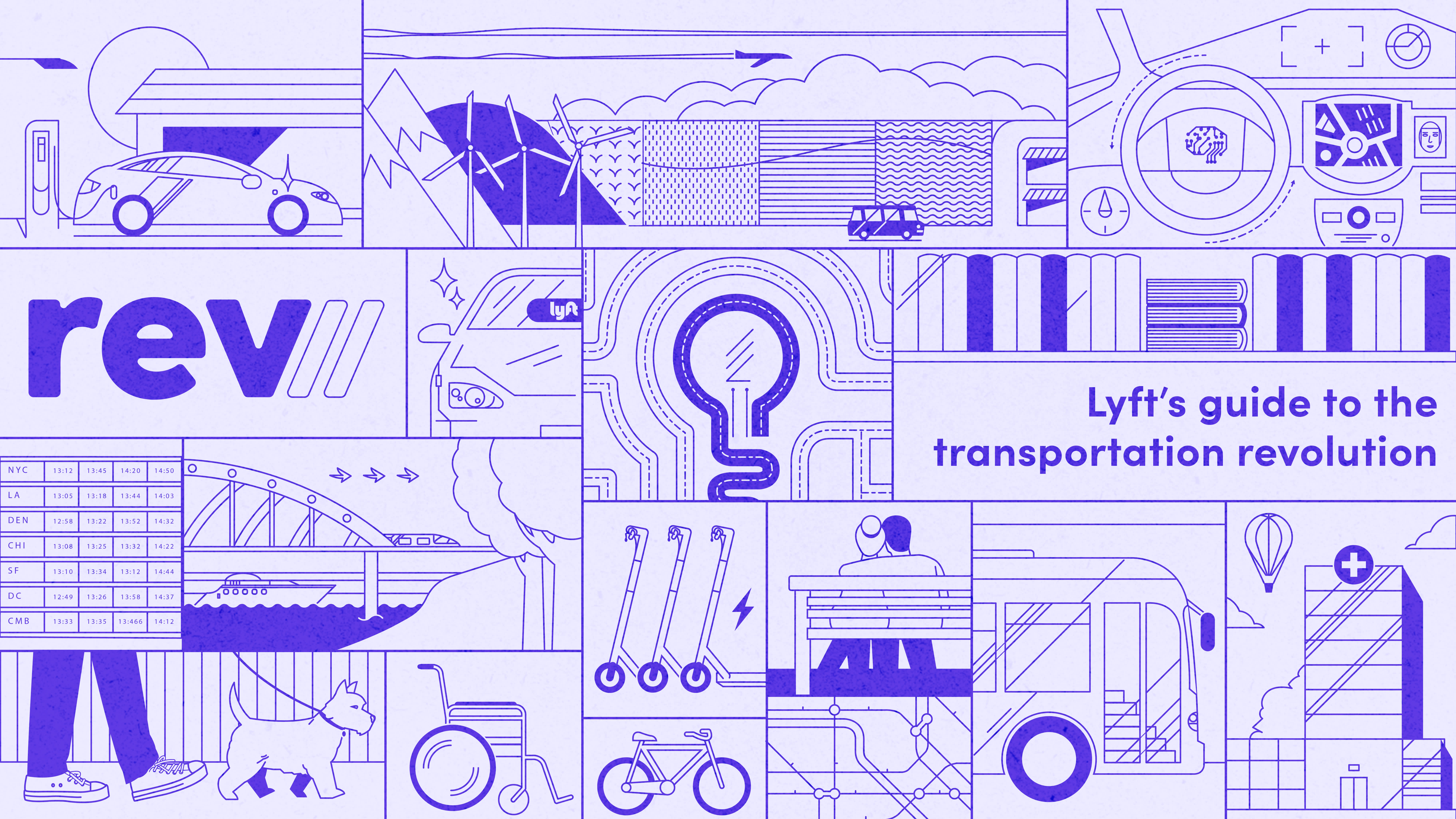 Graphical card with a purple and blue gradient fade reading: Rev, Lyft's guide to the transportation revolution