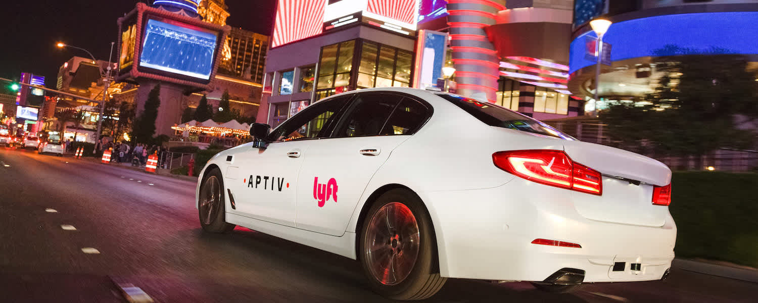 A Lyft and Aptiv self driving car on the streets of Las Vegas.