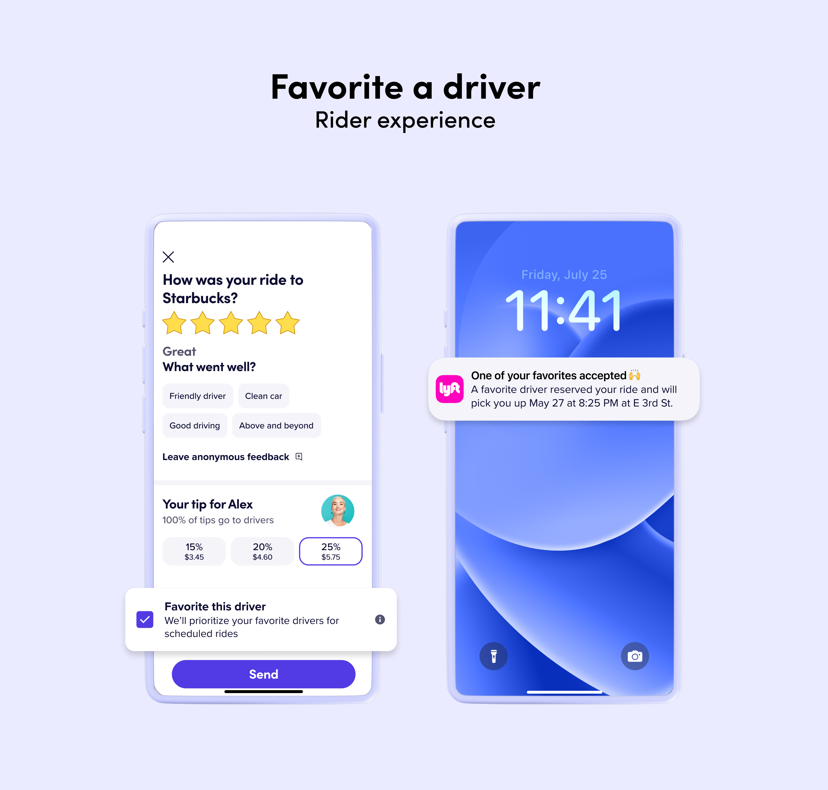 Lyft app screens showing ride rating interface and notification that a favorite driver accepted a ride.