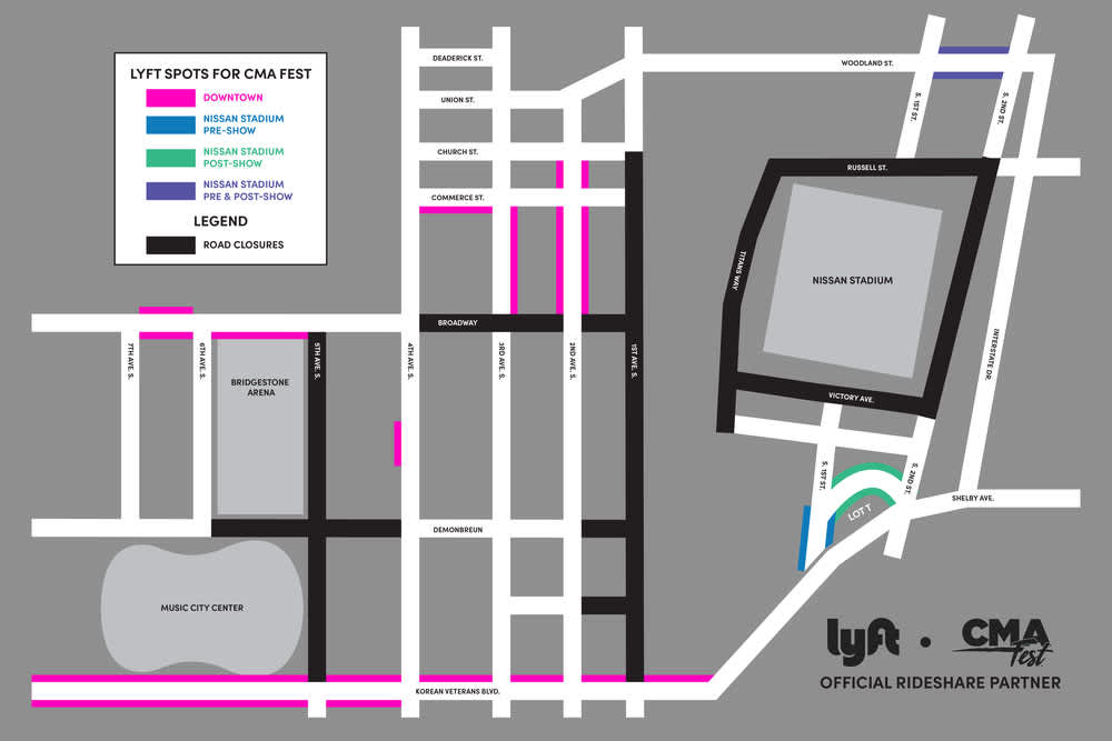 Lyft pickup and drop-off spots for CMA Fest