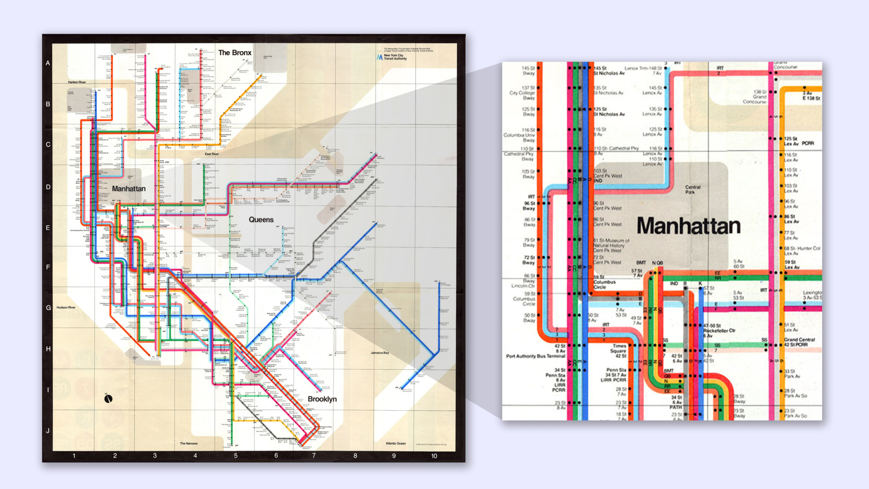An image of the 1972 New York Subway Map by Massimo Vignelli with a detail view to the right side. Credit: Metropolitan Transportation Authority.