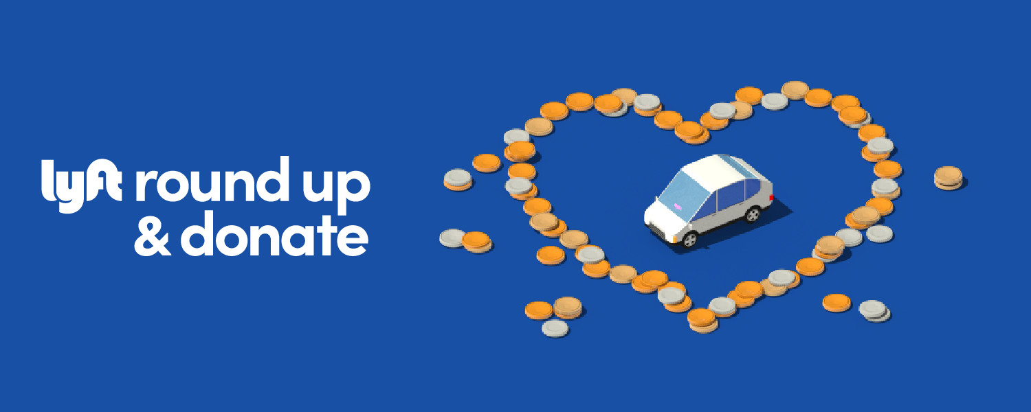 Lyft Round Up & Donate logo with an illustration of a car in a heart made of change.