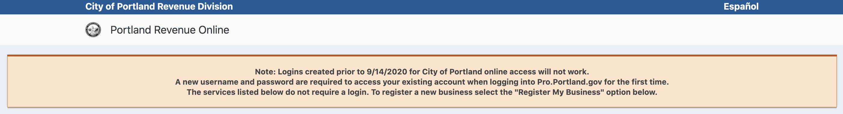 Portland Business License Log In Banner