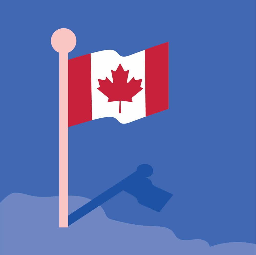 A Canadian Flag in front of a blue background.