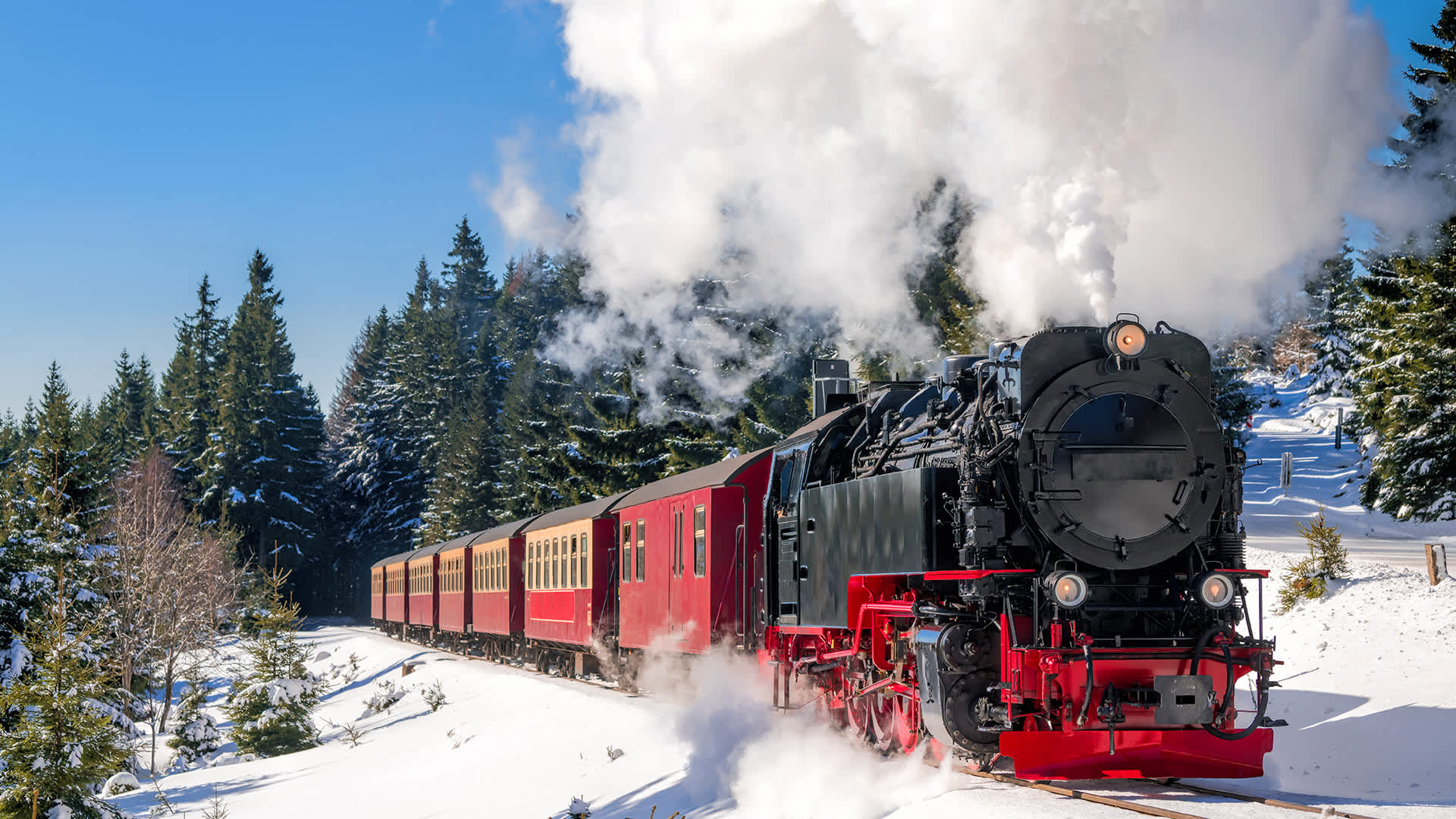Photograph of a red and black steam train moving through a snow covered forest landscape.