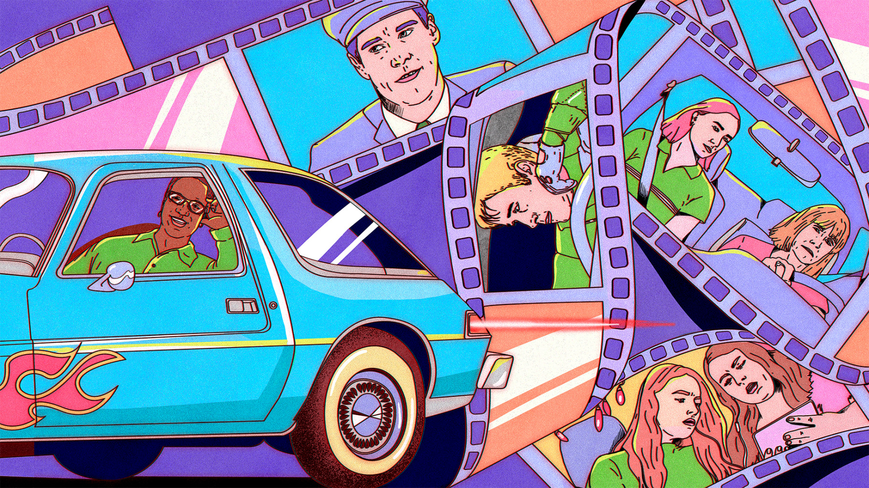 Illustration of driver in blue car and movies strips in the background featuring various car scenes from movies.